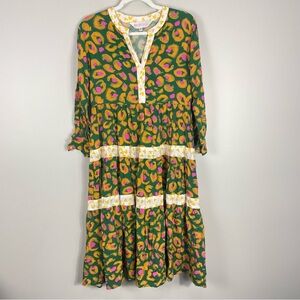 Briton Court Dress Womens XS Boho Abstract Flowy Hearts Green Pink Yellow